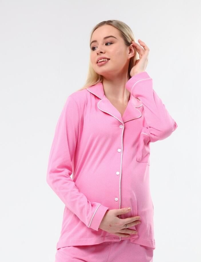 Likapa İnterlok Düğmeli Hamile Lohusa Uzun Kol Pijama Takımı 1354-01 L - K.Pembe Puanlı