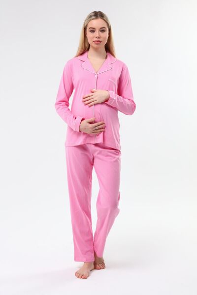 Likapa İnterlok Düğmeli Hamile Lohusa Uzun Kol Pijama Takımı 1354-01 XL - K.Pembe Puanlı