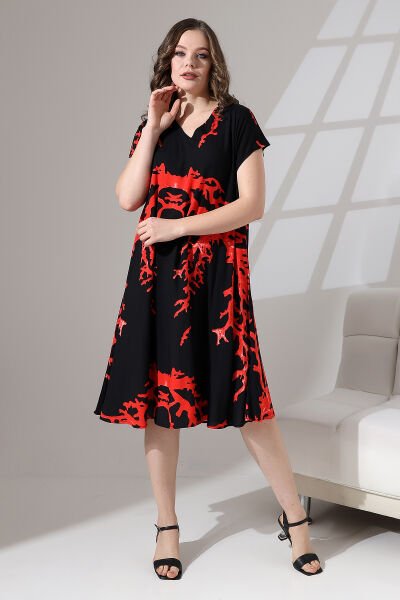 Likapa Yazlık Büyük Beden Viskon  V Yaka Kısa Kol Elbise 2688 Siyah Baskılı - L