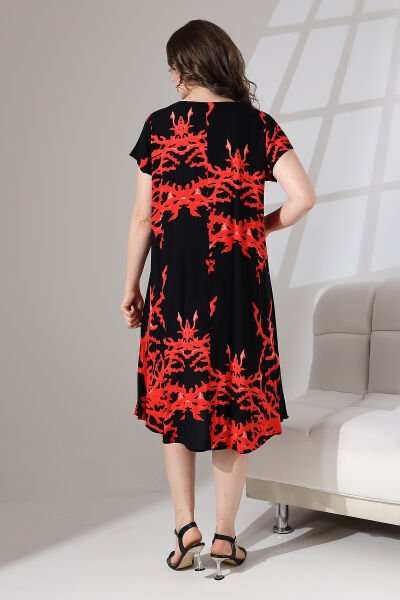 Likapa Yazlık Büyük Beden Viskon  V Yaka Kısa Kol Elbise 2688 Siyah Baskılı - L