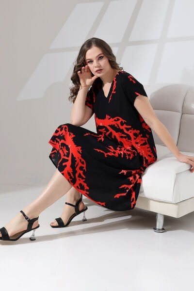 Likapa Yazlık Büyük Beden Viskon  V Yaka Kısa Kol Elbise 2688 Siyah Baskılı - XL