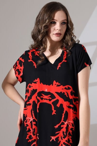 Likapa Yazlık Büyük Beden Viskon  V Yaka Kısa Kol Elbise 2688 Siyah Baskılı - XL