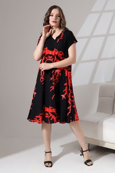 Likapa Yazlık Büyük Beden Viskon  V Yaka Kısa Kol Elbise 2688 Siyah Baskılı - XL
