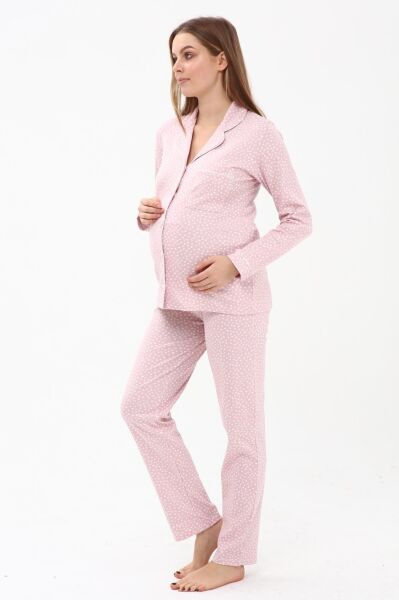 Likapa İnterlok Düğmeli Hamile Lohusa Uzun Kol Pijama Takımı 1354-01 M - Pembe Puanlı