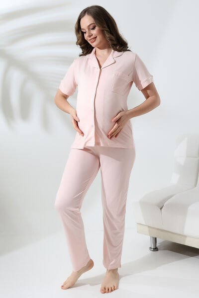 Likapa Penye Önden Düğmeli Hamile Lohusa KISA KOL PİJAMA TAKIMI ,%100 Cotton Pembe - 2XL