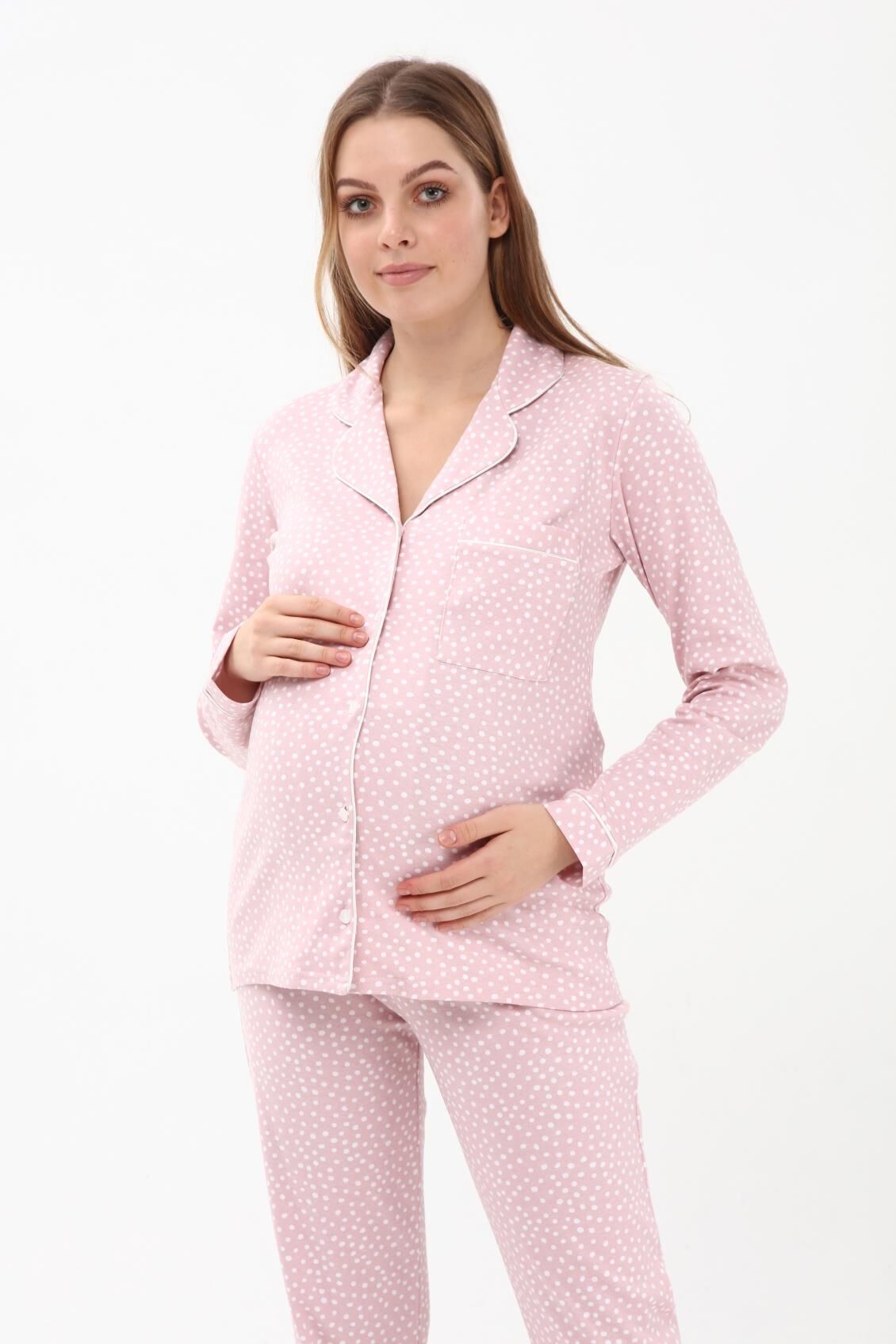 Likapa İnterlok Düğmeli Hamile Lohusa Uzun Kol Pijama Takımı 1354-01 L - PEMBE PUANLI