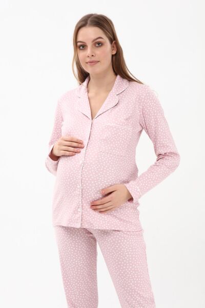 Likapa İnterlok Düğmeli Hamile Lohusa Uzun Kol Pijama Takımı 1354-01 XL - Pembe Puanlı