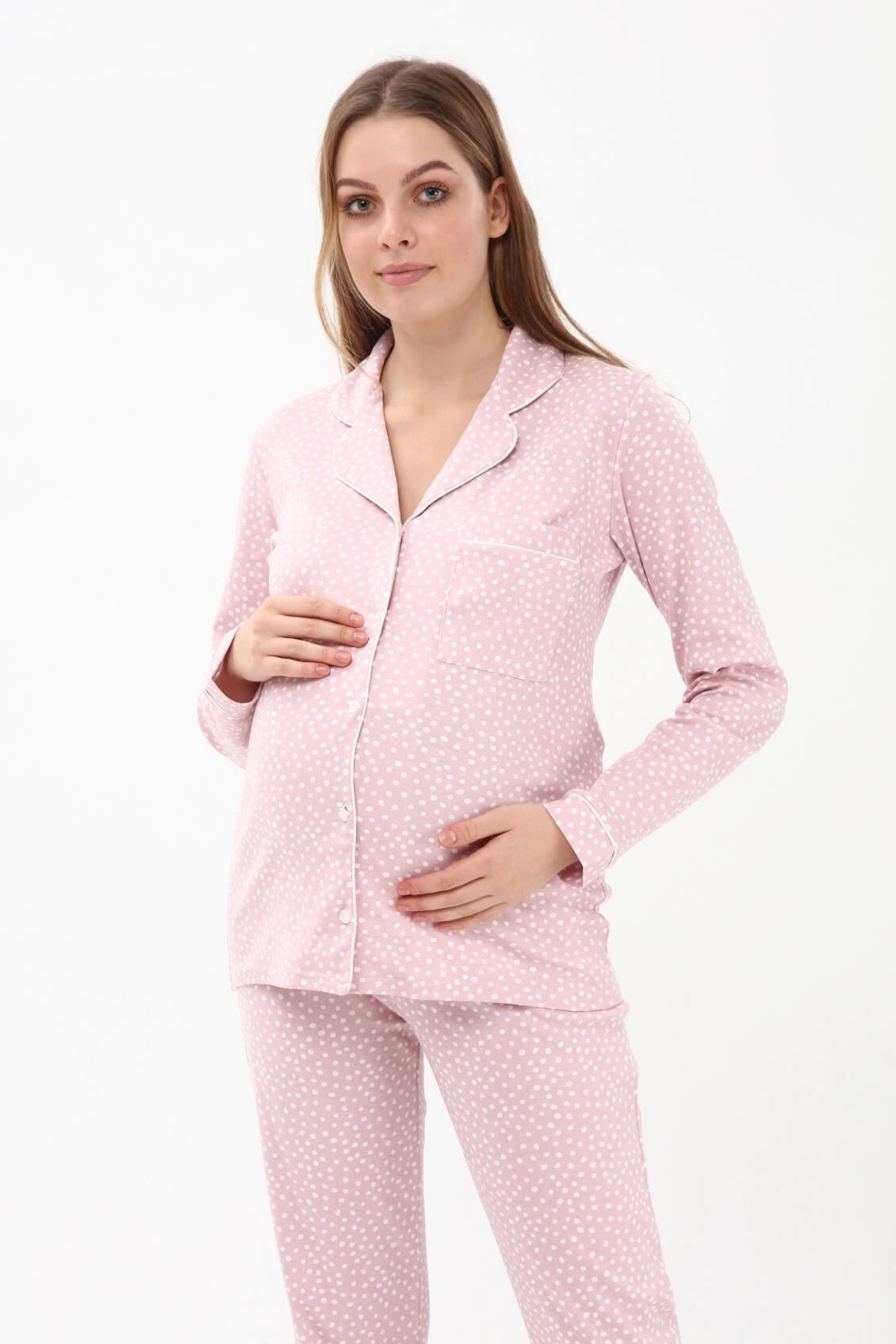 Likapa İnterlok Düğmeli Hamile Lohusa Uzun Kol Pijama Takımı 1354-01 3XL - PEMBE PUANLI