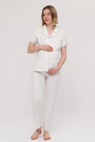 Likapa Önden Düğmeli Hamile Lohusa KISA KOL PİJAMA TAKIMI EKRU - MAVİ - 2XL