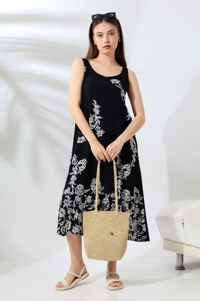 Likapa Yazlık Askılı Viskon Elbise 2691 Siyah Beyaz - 3XL