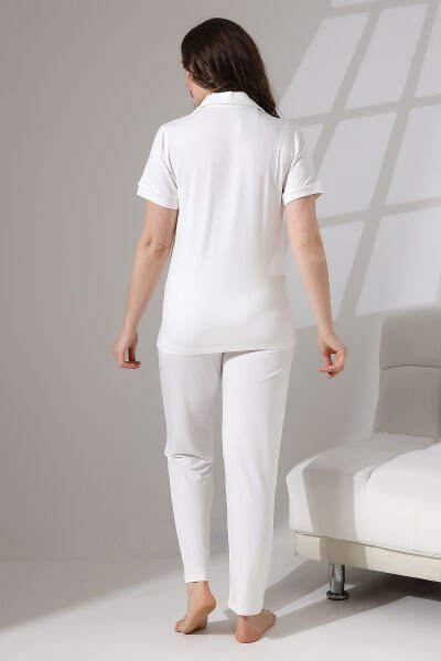 Likapa Önden Düğmeli Hamile Lohusa KISA KOL PİJAMA TAKIMI ekru biyeli - XL