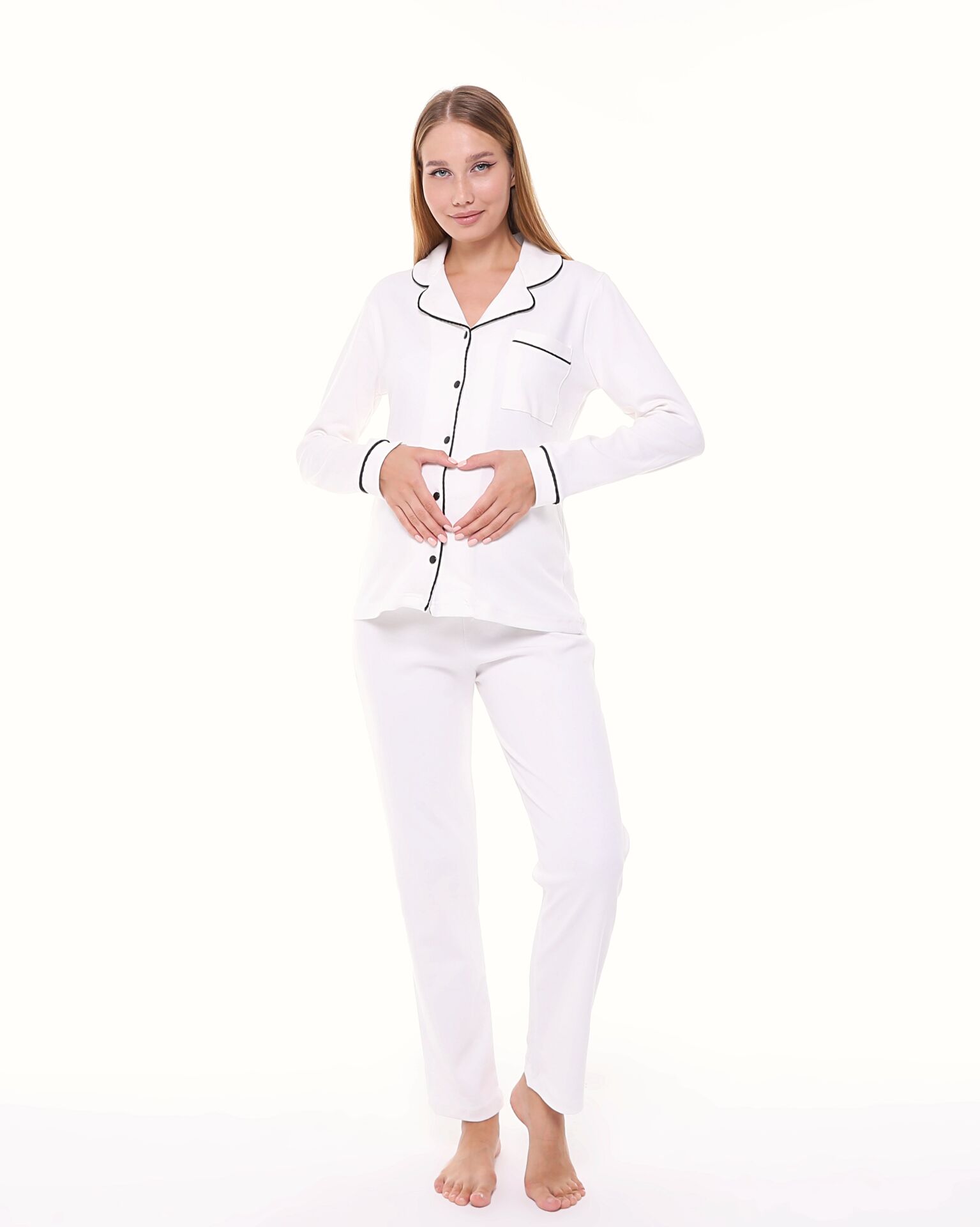 Likapa İnterlok Düğmeli Hamile Lohusa Uzun Kol Pijama Takımı 1354-01 2XL - EKRU - SİYAH BİYELİ