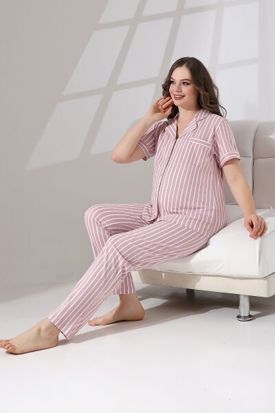 Likapa Penye Önden Düğmeli Hamile Lohusa KISA KOL PİJAMA TAKIMI ,%100 Cotton Somon - Beyaz Çizgi - M