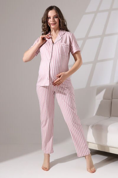Likapa Penye Önden Düğmeli Hamile Lohusa KISA KOL PİJAMA TAKIMI ,%100 Cotton Somon - Beyaz Çizgi - M