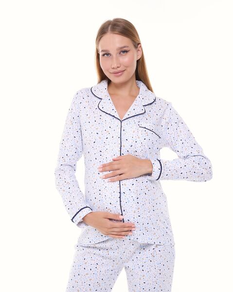 Likapa İnterlok Düğmeli Hamile Lohusa Uzun Kol Pijama Takımı 1354-01 L - DESENLİ - LACİVERT  BİYELİ