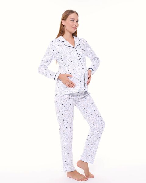 Likapa İnterlok Düğmeli Hamile Lohusa Uzun Kol Pijama Takımı 1354-01 L - DESENLİ - LACİVERT  BİYELİ