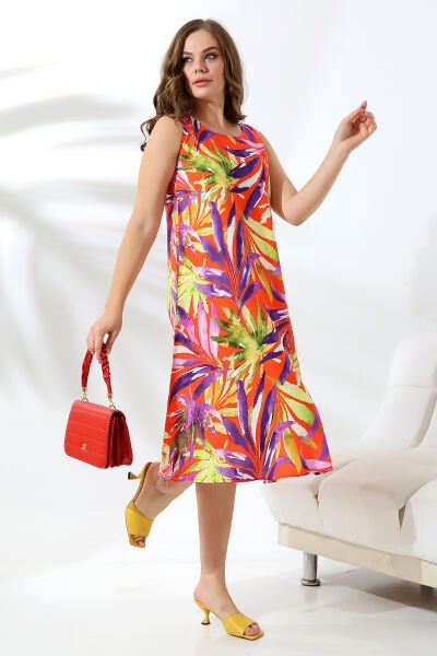 Likapa Yazlık Askılı Viskon Elbise 2691 TURUNCU DESENLİ - L