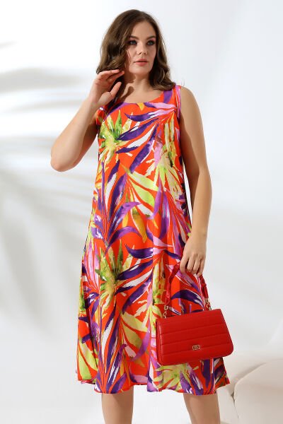 Likapa Yazlık Askılı Viskon Elbise 2691 TURUNCU DESENLİ - L