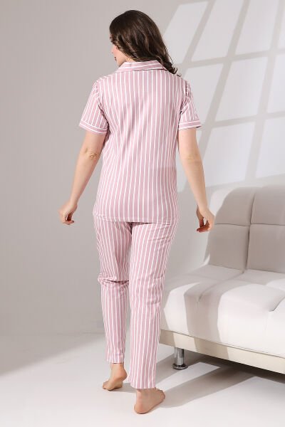 Likapa Penye Önden Düğmeli Hamile Lohusa KISA KOL PİJAMA TAKIMI ,%100 Cotton Somon - Beyaz Çizgi - 2XL