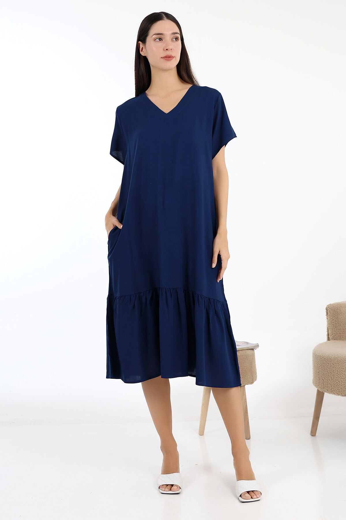 LİKAPASHOP VİSKON FIRFIRLI BÜYÜK BEDEN ELBİSE LACİVERT - L