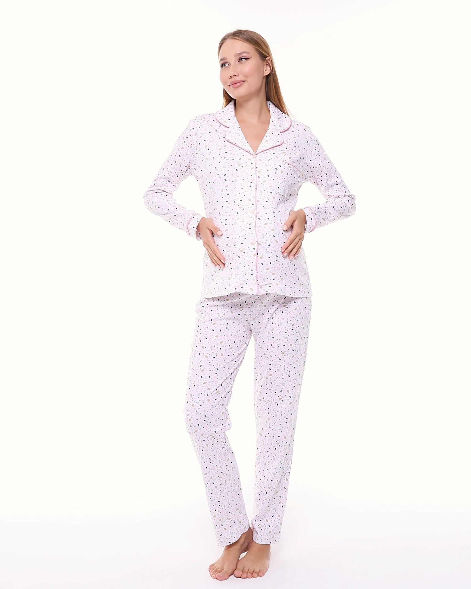 Likapa İnterlok Düğmeli Hamile Lohusa Uzun Kol Pijama Takımı 1354-01 L - DESENLİ - PEMBE  BİYELİ