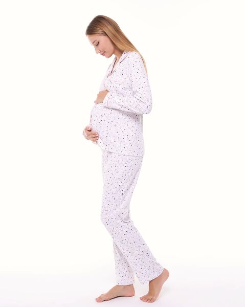 Likapa İnterlok Düğmeli Hamile Lohusa Uzun Kol Pijama Takımı 1354-01 L - DESENLİ - PEMBE  BİYELİ