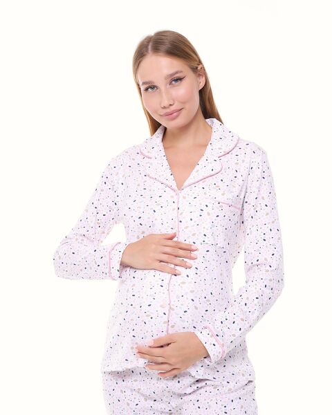 Likapa İnterlok Düğmeli Hamile Lohusa Uzun Kol Pijama Takımı 1354-01 2XL - DESENLİ - PEMBE  BİYELİ