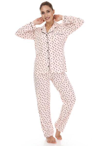 LikapaShop Penye Uzun Kol Pijama Takımı 001352-04 SOMON KALPLİ - XL