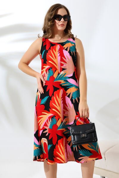 Likapa Yazlık Askılı Viskon Elbise 2691 Kırmızı Büyük Çiçek - XL