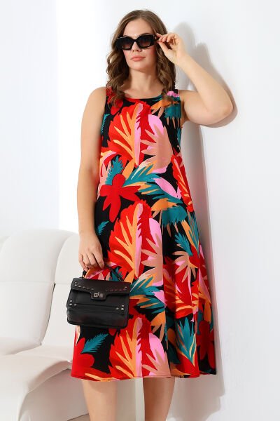 Likapa Yazlık Askılı Viskon Elbise 2691 Kırmızı Büyük Çiçek - XL