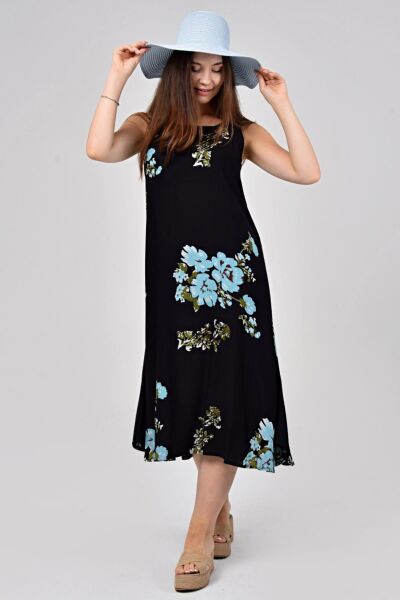 Likapa Yazlık Askılı Viskon Elbise 2691 Siyah Mavi - 3XL