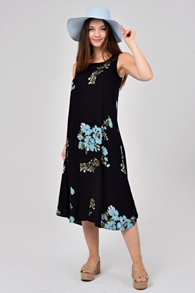 Likapa Yazlık Askılı Viskon Elbise 2691 Siyah Mavi - 3XL