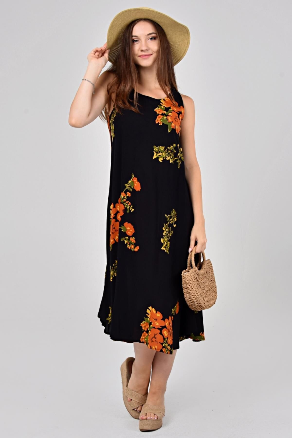 Likapa Yazlık Askılı Viskon Elbise 2691 Siyah Tutuncu - 3XL