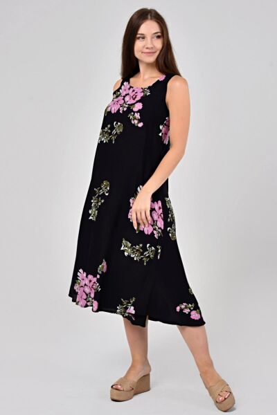 Likapa Yazlık Askılı Viskon Elbise 2691 Siyah Pembe - 3XL