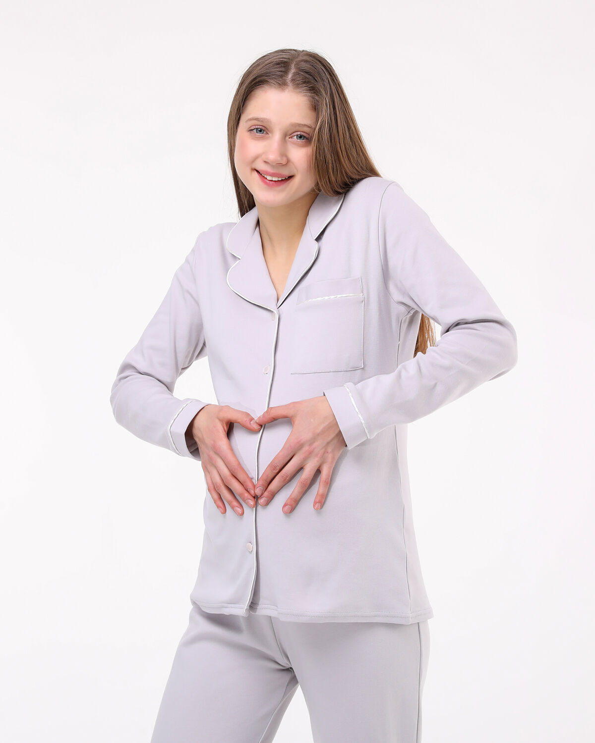 Likapa İnterlok Düğmeli Hamile Lohusa Uzun Kol Pijama Takımı 1354-01 L - GRİ BEYAZ BİYELİ