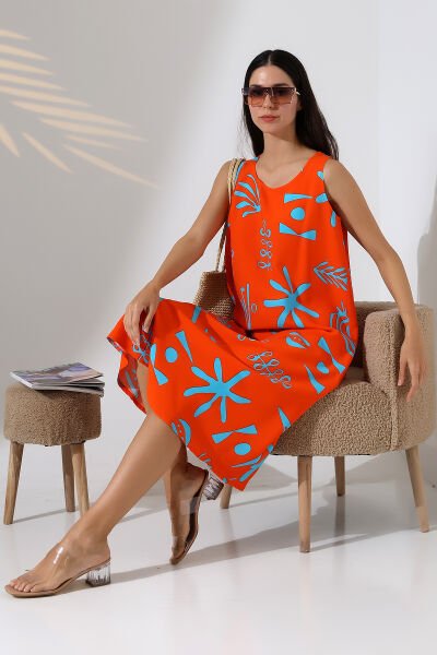 Likapa Yazlık Askılı Viskon Elbise 2691 Turuncu Otantik - XL