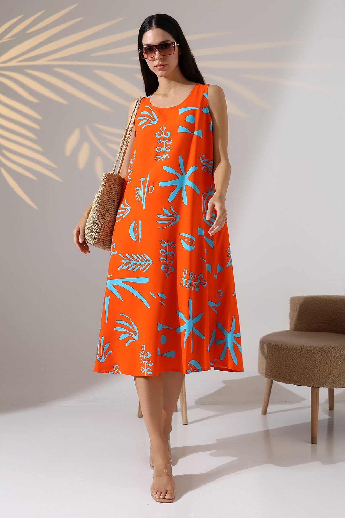 Likapa Yazlık Askılı Viskon Elbise 2691 Turuncu Otantik - 2XL
