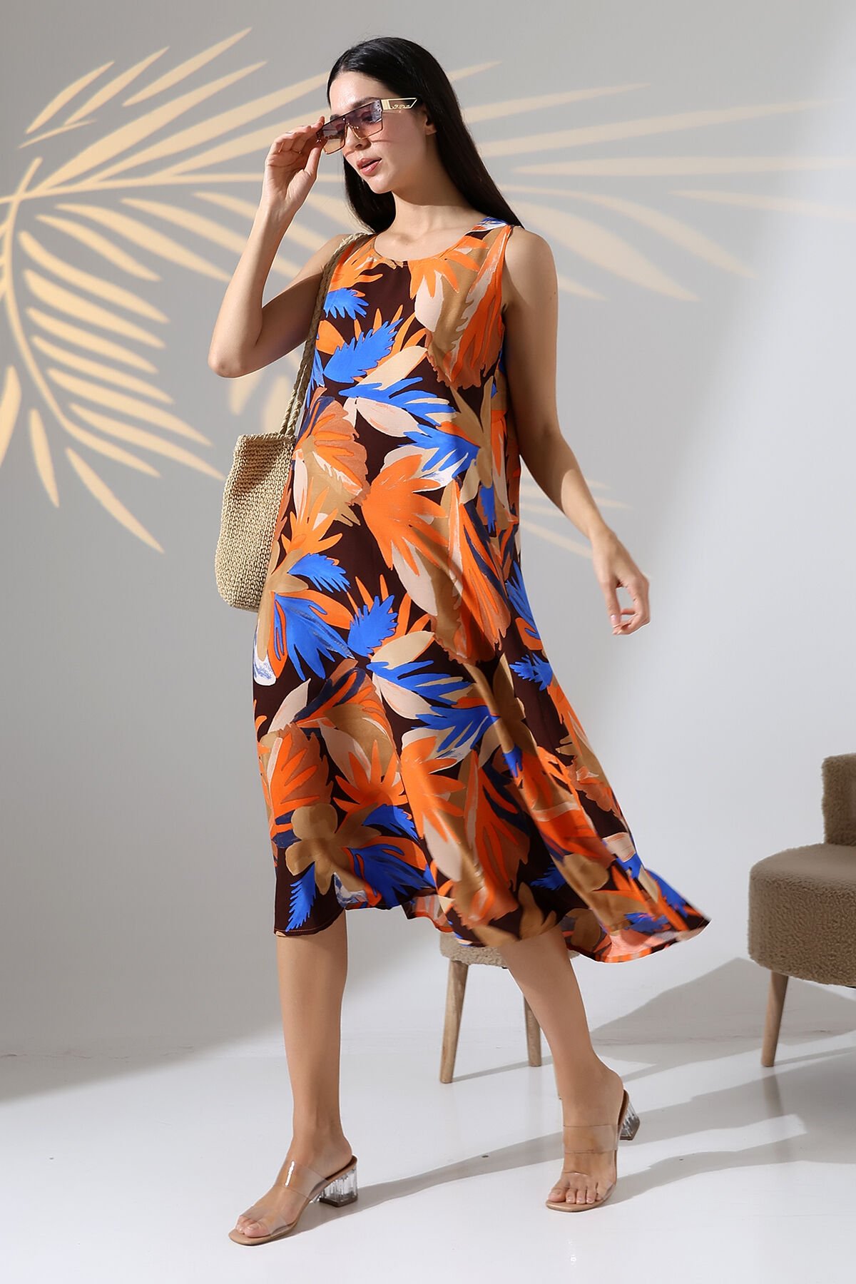 Likapa Yazlık Askılı Viskon Elbise 2691 turuncu yaprak - S