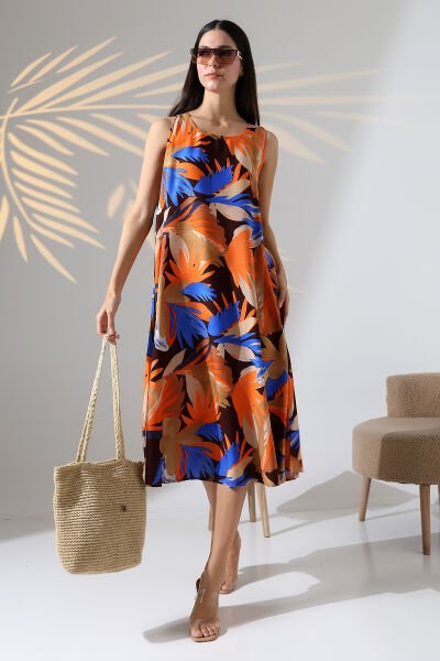 Likapa Yazlık Askılı Viskon Elbise 2691 turuncu yaprak - S