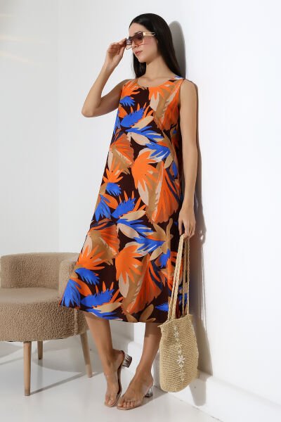 Likapa Yazlık Askılı Viskon Elbise 2691 turuncu yaprak - XL