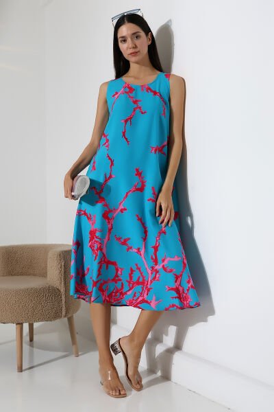 Likapa Yazlık Askılı Viskon Elbise 2691 mavi pembe mercan - L