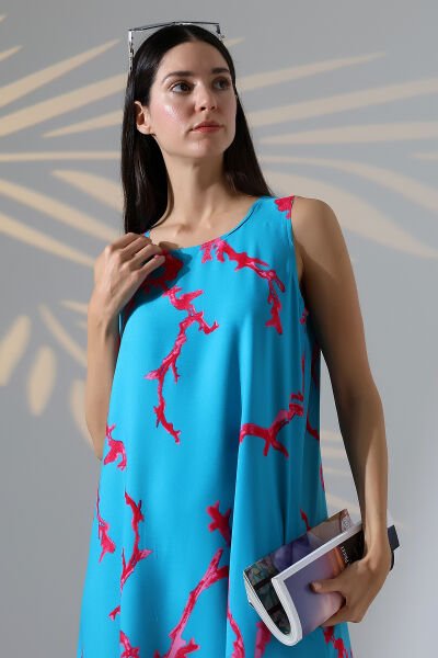 Likapa Yazlık Askılı Viskon Elbise 2691 mavi pembe mercan - 2XL