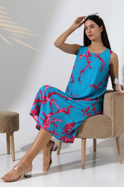 Likapa Yazlık Askılı Viskon Elbise 2691 mavi pembe mercan - 2XL
