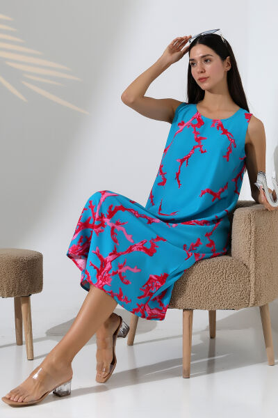 Likapa Yazlık Askılı Viskon Elbise 2691 mavi pembe mercan - 2XL