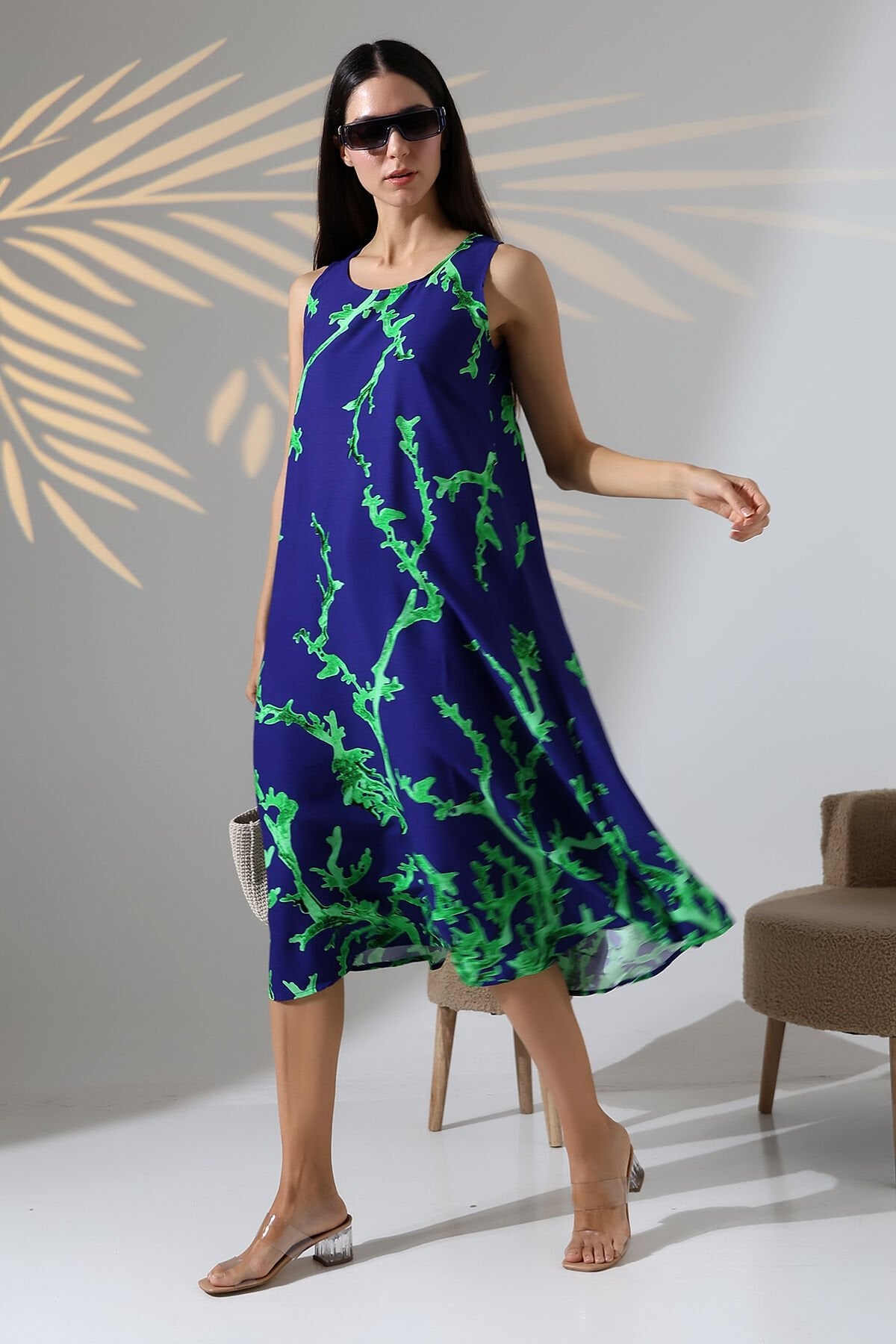 Likapa Yazlık Askılı Viskon Elbise 2691 lacivert yeşil mercan - 2XL