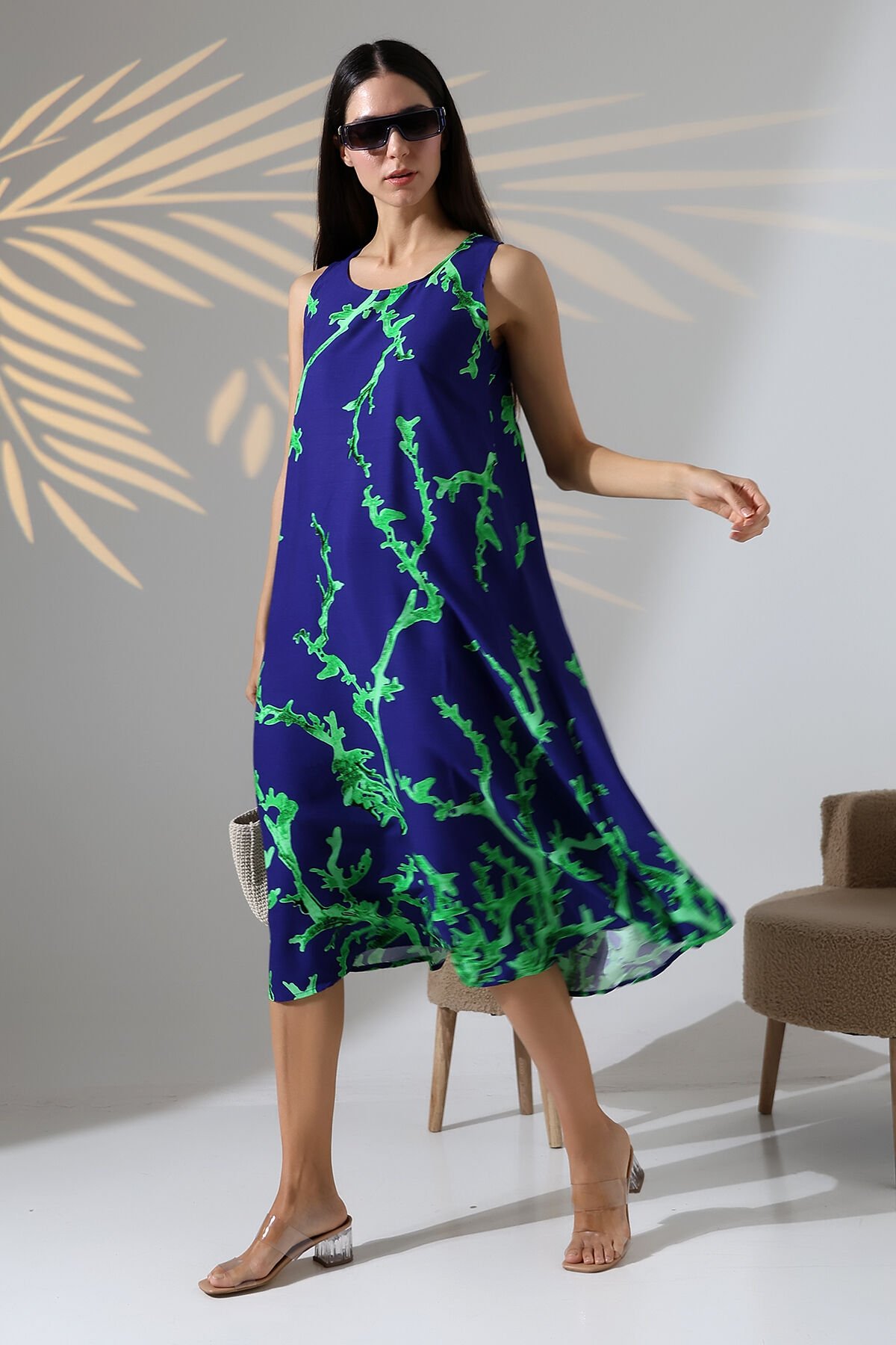 Likapa Yazlık Askılı Viskon Elbise 2691 lacivert yeşil mercan - 2XL