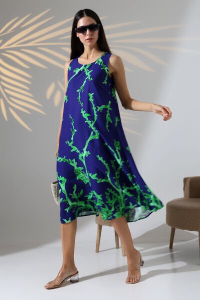 Likapa Yazlık Askılı Viskon Elbise 2691 lacivert yeşil mercan - 2XL