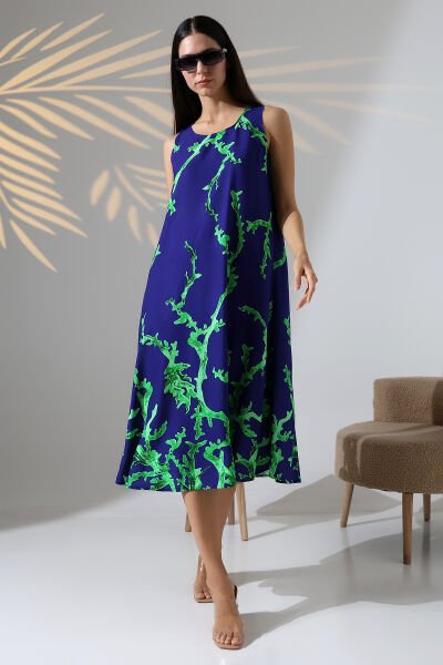 Likapa Yazlık Askılı Viskon Elbise 2691 lacivert yeşil mercan - 2XL