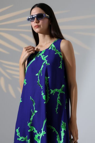 Likapa Yazlık Askılı Viskon Elbise 2691 lacivert yeşil mercan - 2XL