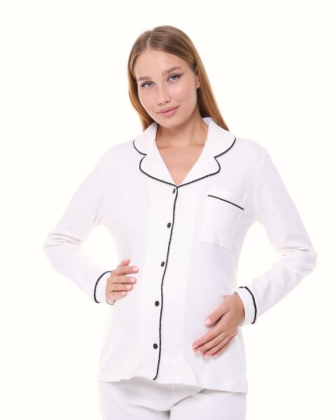Likapa İnterlok Düğmeli Hamile Lohusa Uzun Kol Pijama Takımı 1354-01 3XL - EKRU - SİYAH BİYELİ
